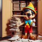 Pinocchio with ice cream and sunglasses surrounded by documents