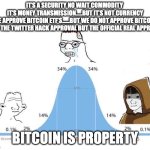 Bitcoin is Property | IT’S A SECURITY NO WAIT COMMODITY 
IT’S MONEY TRANSMISSION…..BUT IT’S NOT CURRENCY
WE APPROVE BITCOIN ETF’S……BUT WE DO NOT APPROVE BITCOIN.
*NOT THE TWITTER HACK APPROVAL BUT THE OFFICIAL REAL APPROVAL; BITCOIN IS PROPERTY | image tagged in bell curve high quality | made w/ Imgflip meme maker