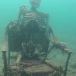 sitting skeleton in a pool