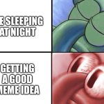 sleeping Squidward | ME SLEEPING AT NIGHT; GETTING A GOOD MEME IDEA | image tagged in sleeping squidward | made w/ Imgflip meme maker