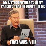 Maury Lie Detector | MY LITTLE BROTHER TOLD MY PARENTS THAT HE DIDN’T HIT ME; THAT WAS A LIE | image tagged in memes,maury lie detector | made w/ Imgflip meme maker