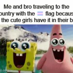 its me lavender guys on pyros acc | Me and bro traveling to the country with the 🏳️‍⚧ flag because all the cute girls have it in their bio: | image tagged in gifs,memes,funny,true | made w/ Imgflip video-to-gif maker