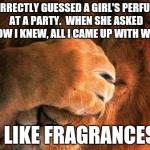 Embarrassed Lion | CORRECTLY GUESSED A GIRL'S PERFUME AT A PARTY.  WHEN SHE ASKED HOW I KNEW, ALL I CAME UP WITH WAS I LIKE FRAGRANCES | image tagged in embarrassed lion | made w/ Imgflip meme maker