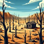barren wasteland with dead trees, a single abandoned shack rotti