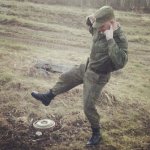 Russian soldier stepping on a mine