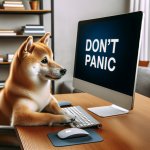 doge sitting behind a computer that says dont panic