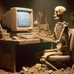 Skeleton waiting at computer console