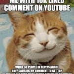 Happy cat | ME WITH 10K LIKED COMMENT ON YOUTUBE; WHILE 30 PEOPLE IN REPLYS ARGUE ONLY CAUSING MY COMMENT TO GET TOP COMMENT BECAUSE MORE PEOPLE SEEING MY COMMENT | image tagged in happy cat | made w/ Imgflip meme maker