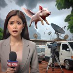 Newswoman reporting on flying pig