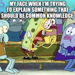 E | MY FACE WHEN I'M TRYING TO EXPLAIN SOMETHING THAT SHOULD BE COMMON KNOWLEDGE | image tagged in spongebob yelling | made w/ Imgflip meme maker