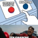 7th graders | BE RESPECTFUL; START A FIGHT EVERY 3 DAYS; 7TH GRADERS | image tagged in dr eggman,school | made w/ Imgflip meme maker
