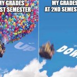 true | MY GRADES AT 1ST SEMESTER; MY GRADES AT 2ND SEMESTER | image tagged in up and down,school | made w/ Imgflip meme maker