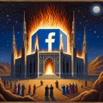 social media platform depicted as a building, catching on fire,