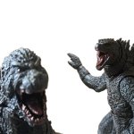Godzilla Minus One and Legendary Godzilla pointing
