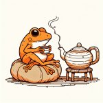 orange pepe frog drinking tea from the teapot