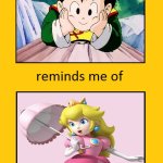 gohan reminds me of princess peach | image tagged in this character reminds me of this character,gohan,princess peach,dragon ball z,super mario bros,they're the same picture | made w/ Imgflip meme maker