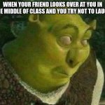 this happens too often lol | WHEN YOUR FRIEND LOOKS OVER AT YOU IN THE MIDDLE OF CLASS AND YOU TRY NOT TO LAUGH | image tagged in oops shrek,funny,memes | made w/ Imgflip meme maker