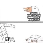 Goose Chase | THAT ONE DUCK AT THE POND WHEN HE DOESNT GET ANY BREAD; ME | image tagged in goose chase | made w/ Imgflip meme maker
