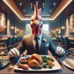 human like chicken wearing suite eating normal chicken for dinne