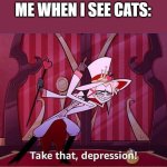 Meme | ME WHEN I SEE CATS: | image tagged in take that depression | made w/ Imgflip meme maker
