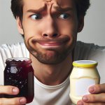 Guy awkwardly smiling while looking at grape jelly and mayonnais