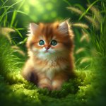 Cute kitten sitting on grass looking up at the sky