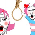 Two trannies pointing at a noose