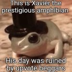 Justice for Xavier | This is Xavier the prestigious amphibian; His day was ruined by upvote beggars | image tagged in dapper frog | made w/ Imgflip meme maker
