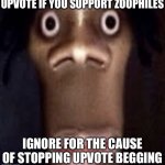 Actually read the meme before you snap at me for upvote begging. | UPVOTE IF YOU SUPPORT ZOOPHILES; IGNORE FOR THE CAUSE OF STOPPING UPVOTE BEGGING | image tagged in quandale dingle,upvote begging,uno reverse card | made w/ Imgflip meme maker