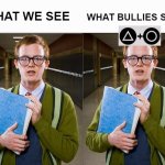 insomniac spider man meme | WHAT BULLIES SEES; WHAT WE SEE; + | image tagged in side-by-side panels,ps5,ps4,spiderman,school meme,bullying | made w/ Imgflip meme maker