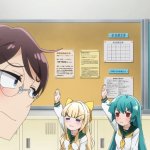 Kaoruko,Sayo, and Haruka raising hands