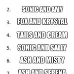 Top 10 List | FAVORITE SHIPS; ANGEMON/MAGNAANGEMON AND ANGEWOMON; SONIC AND AMY; FOX AND KRYSTAL; TAILS AND CREAM; SONIC AND SALLY; ASH AND MISTY; ASH AND SERENA; SILVER AND BLAZE; X AND ALIA; MEGAMAN.EXE AND ROLL.EXE | image tagged in top 10 list | made w/ Imgflip meme maker