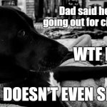 WTF Mom? | Dad said he was just going out for cigarettes. WTF MOM? HE DOESN'T EVEN SMOKE! | image tagged in doggy side eye,dogs,side eye,dark humor | made w/ Imgflip meme maker