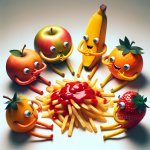 fruit talking about a pile of fries and ketchap