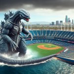 Godzilla attacks Angel Stadium in Anaheim, California.