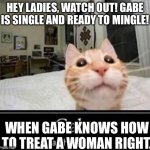 Goofy ass ai | HEY LADIES, WATCH OUT! GABE IS SINGLE AND READY TO MINGLE! WHEN GABE KNOWS HOW TO TREAT A WOMAN RIGHT. | image tagged in gabe | made w/ Imgflip meme maker