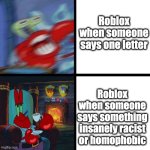 Mr. Krabs Panic vs Calm | Roblox when someone says one letter; Roblox when someone says something insanely racist or homophobic | image tagged in mr krabs panic vs calm,roblox | made w/ Imgflip meme maker