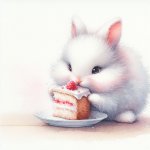 cute Bunny eating a slice of cake