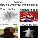 I can’t sleep. | Nobody:
How it is when your trying to sleep:; Your blanket:; Neighbors dog:; Embarrassing thoughts:; Undone laundry: | image tagged in 4 horsemen,memes | made w/ Imgflip meme maker