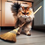 angry cat doing cleaning with a broom