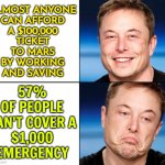 Musk Says 'Almost Anyone' Can Afford A $100,000 Ticket To Mars By Working And Saving | ALMOST ANYONE
CAN AFFORD
A $100,000
TICKET
TO MARS
BY WORKING
AND SAVING; 57%
OF PEOPLE
CAN'T COVER A
$1,000
EMERGENCY | image tagged in elon musk happy sad,elon musk laughing,mars,because capitalism,income inequality,inequality | made w/ Imgflip meme maker