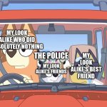 dreams in Tomodachi Life be like: | MY LOOK ALIKE'S BEST FRIEND; MY LOOK ALIKE WHO DID ABSOLUTELY NOTHING; THE POLICE; MY LOOK ALIKE'S FRIENDS | image tagged in chilli vs the police,bluey,tomodachi life | made w/ Imgflip meme maker