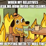 Relatives questioning about exams | WHEN MY RELATIVES ASK ME HOW WERE THE EXAMS; *my mind; ME REPLYING WITH "IT WAS FINE" | image tagged in its fine | made w/ Imgflip meme maker