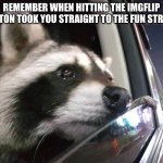 Ahh the good ol days | REMEMBER WHEN HITTING THE IMGFLIP BUTTON TOOK YOU STRAIGHT TO THE FUN STREAM | image tagged in wistful racoon | made w/ Imgflip meme maker