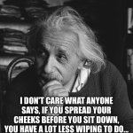Pure Genius | I DON'T CARE WHAT ANYONE SAYS, IF YOU SPREAD YOUR CHEEKS BEFORE YOU SIT DOWN, YOU HAVE A LOT LESS WIPING TO DO... | image tagged in einstein genius,poop,idea,smart,toilet | made w/ Imgflip meme maker