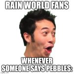 idk | RAIN WORLD FANS; WHENEVER SOMEONE SAYS PEBBLES: | image tagged in poggers | made w/ Imgflip meme maker