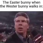 Just came up with this | The Easter bunny when the Wester bunny walks in: | image tagged in x when x walks in | made w/ Imgflip meme maker