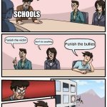 Boardroom Meeting Suggestion | How do we stop bullying? SCHOOLS; Punish the victim; Don't do anything; Punish the bullies | image tagged in memes,boardroom meeting suggestion | made w/ Imgflip meme maker