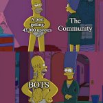 They are everywhere these days | The Community; A post getting 43,000 upvotes; BOTS | image tagged in homer simpson's back fat,spam,bots | made w/ Imgflip meme maker
