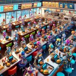 Lots of robots running a fast food restaurant with human clients